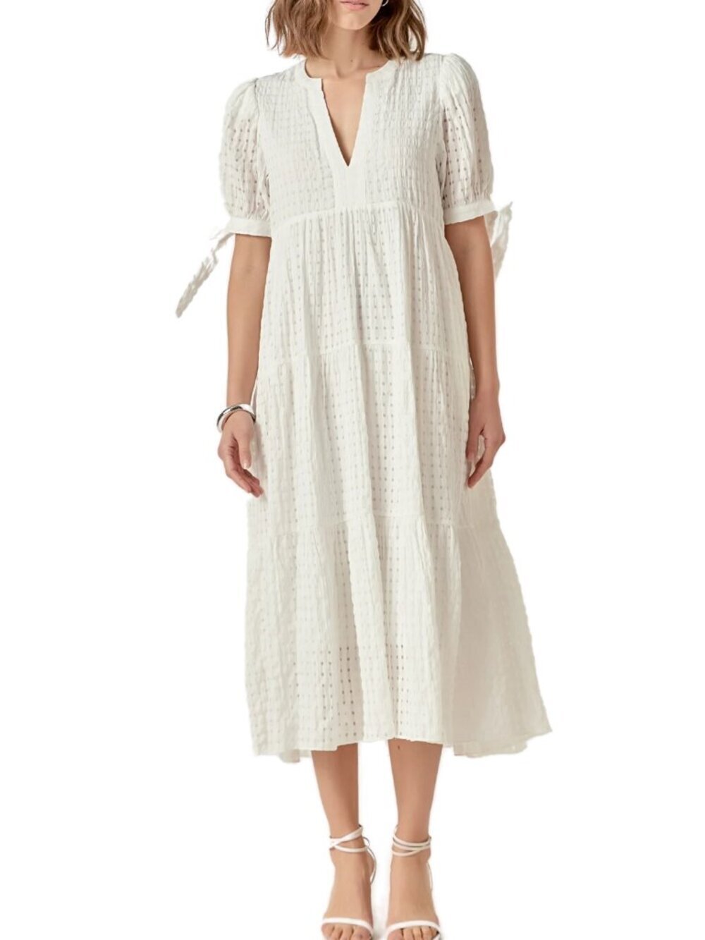 English Factory Dress Womens XS White Textured Midi Tie Sleeve Boho Pockets
